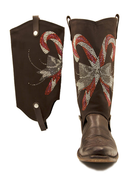 candy cane cowboy boot covers on cowboy boots