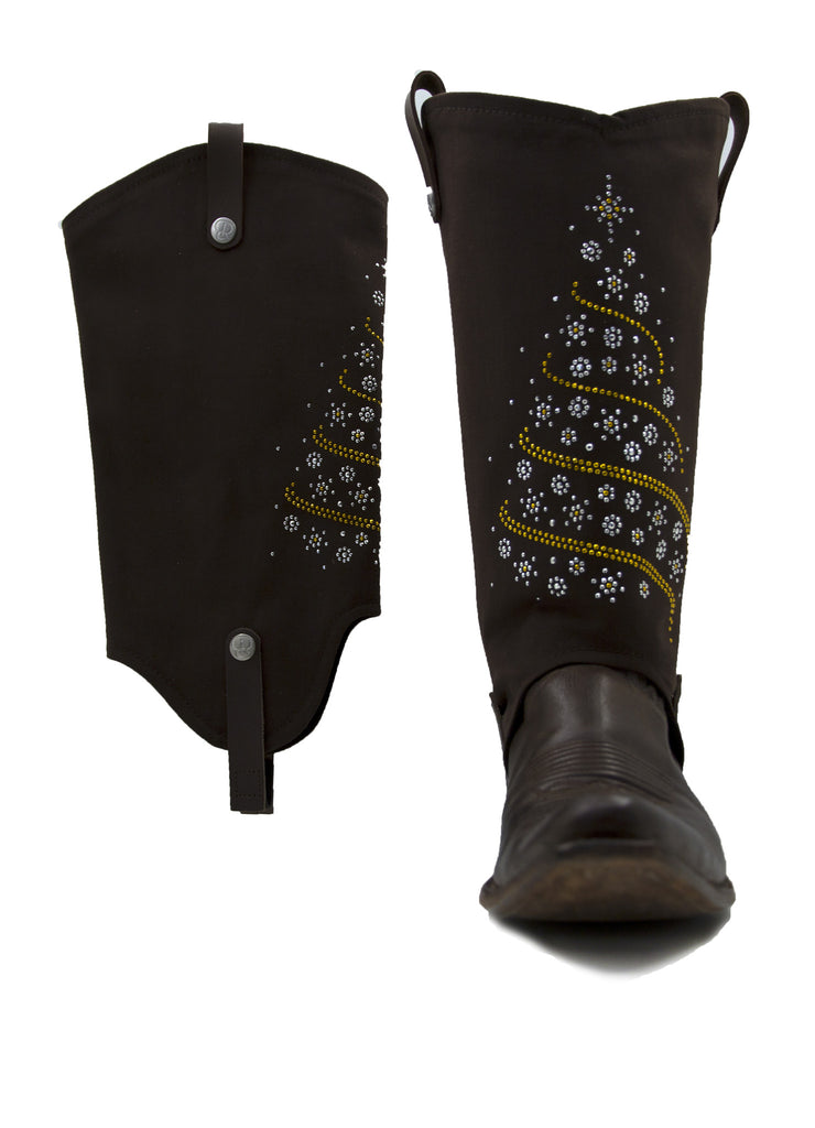 brown womens cowboy boot covers with a christmas tree design