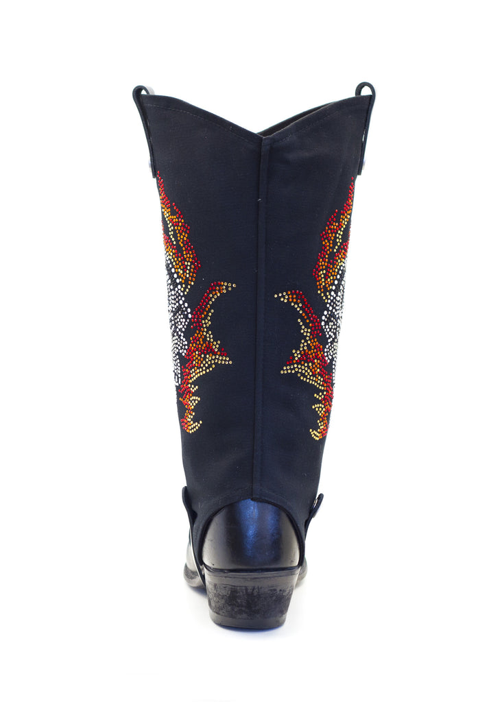  rhinestones in a flaming skull design on cowboy boot covers on cowboy boots - black