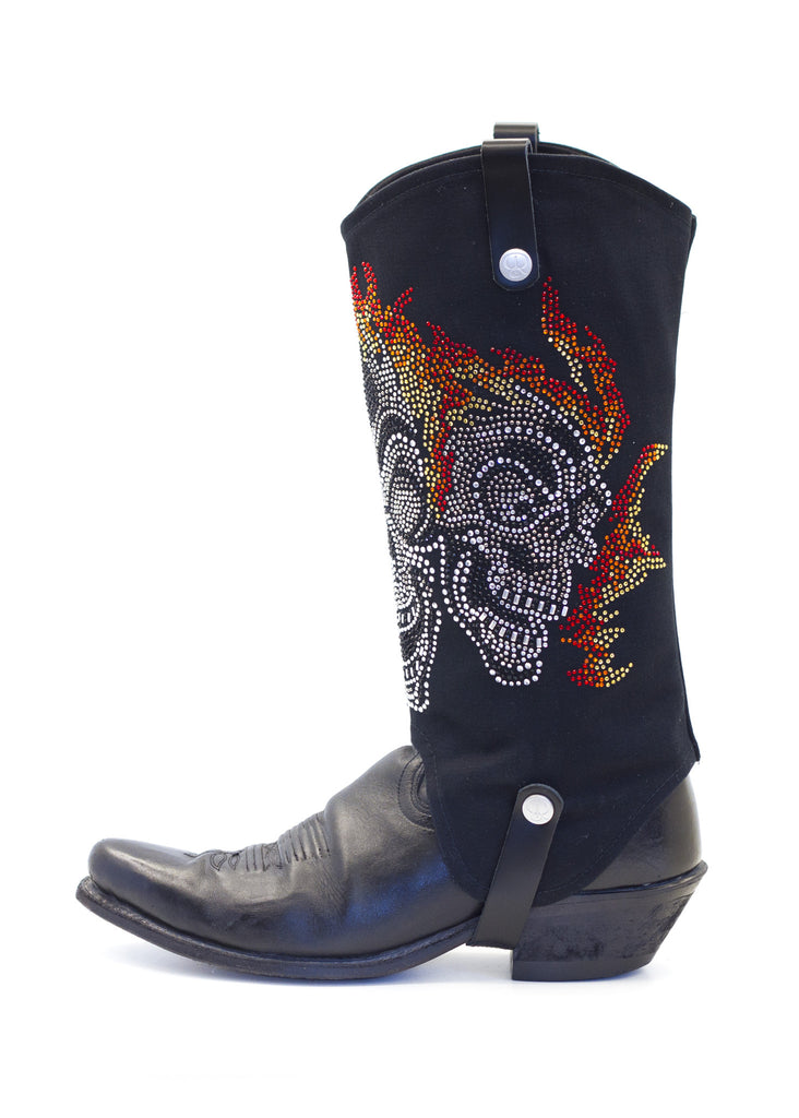  rhinestones in a flaming skull design on cowboy boot covers on cowboy boots - black